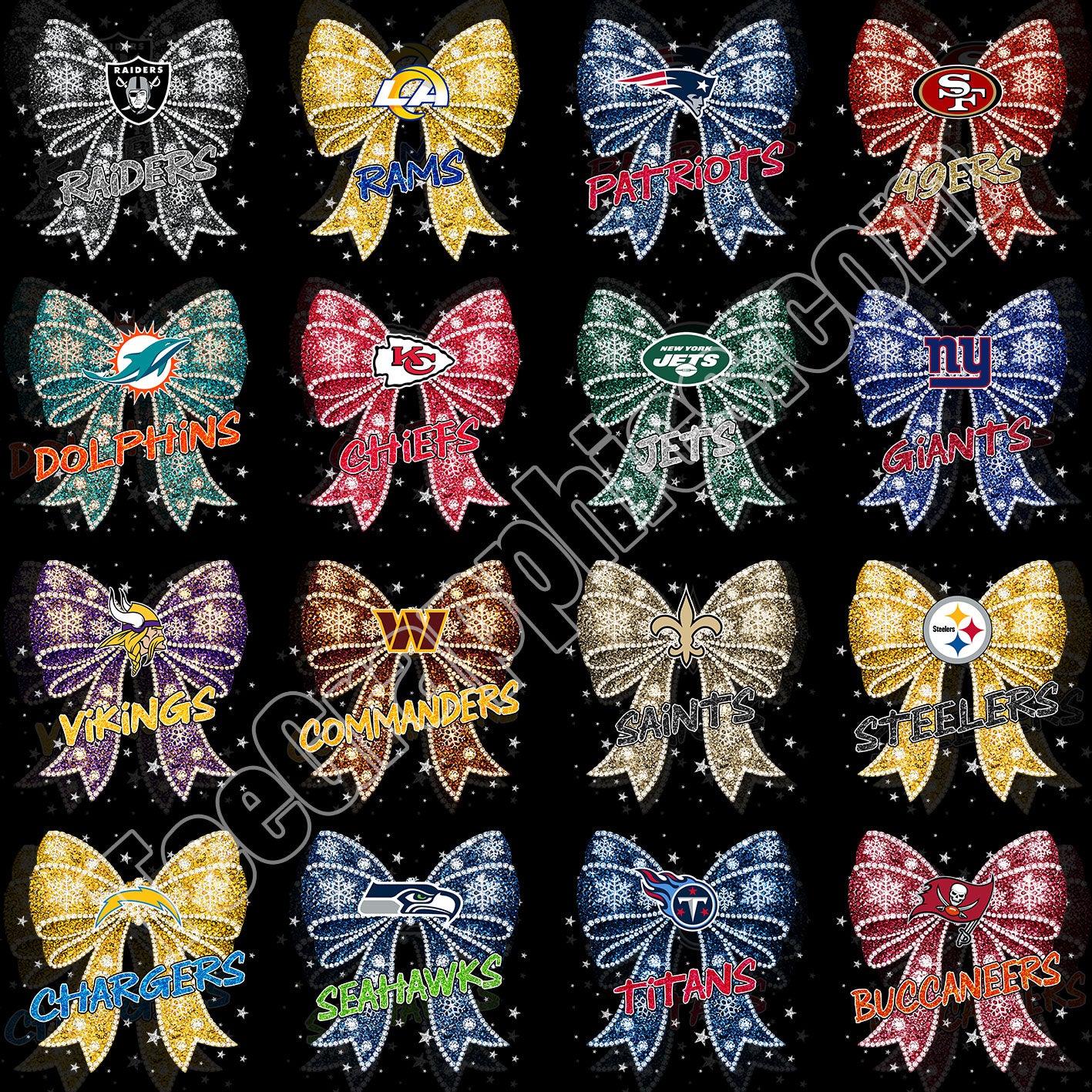 32 Glitter Rhinestone Bow NFL Designs PNG