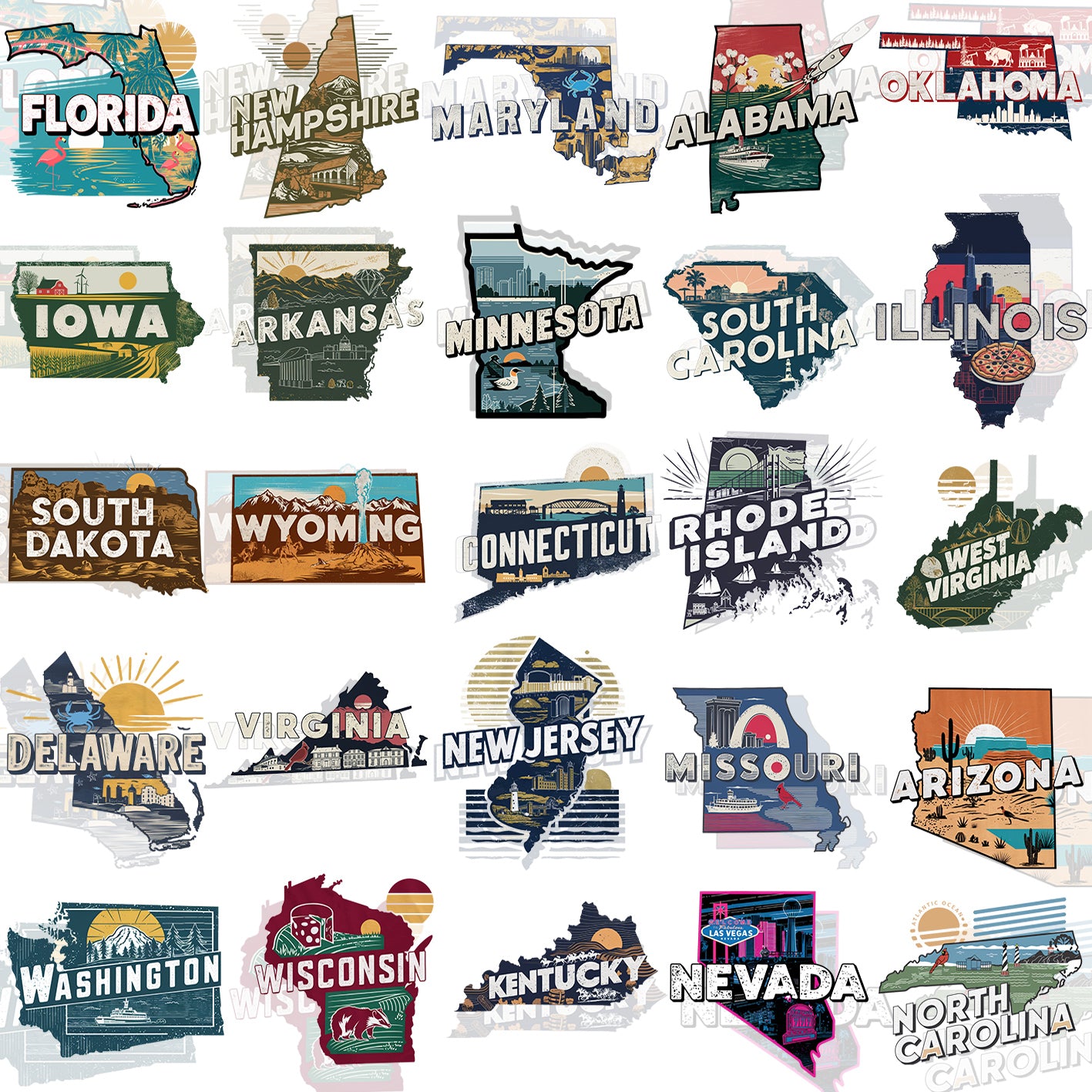 50 Retro USA State Map T Shirt Designs