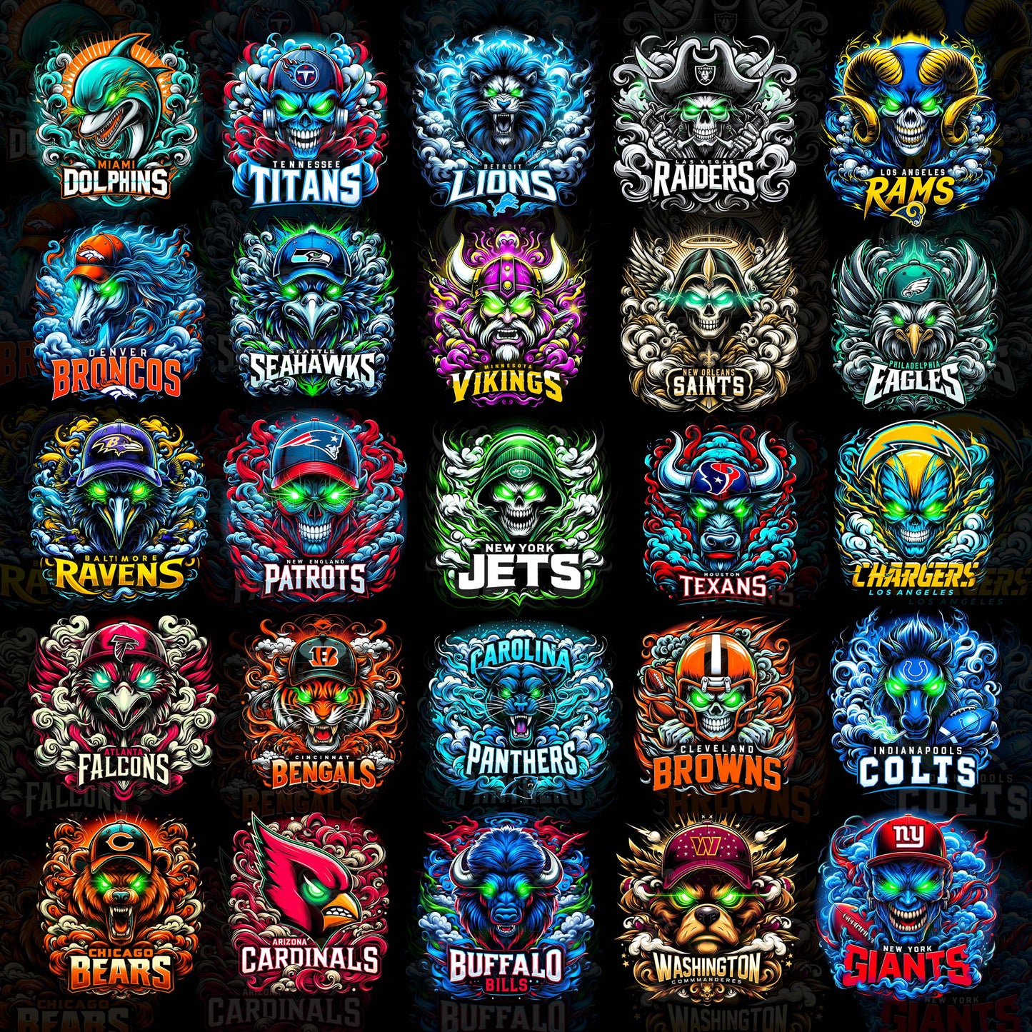 32 NFL Mascots T Shirt Designs, Black Knockout Designs