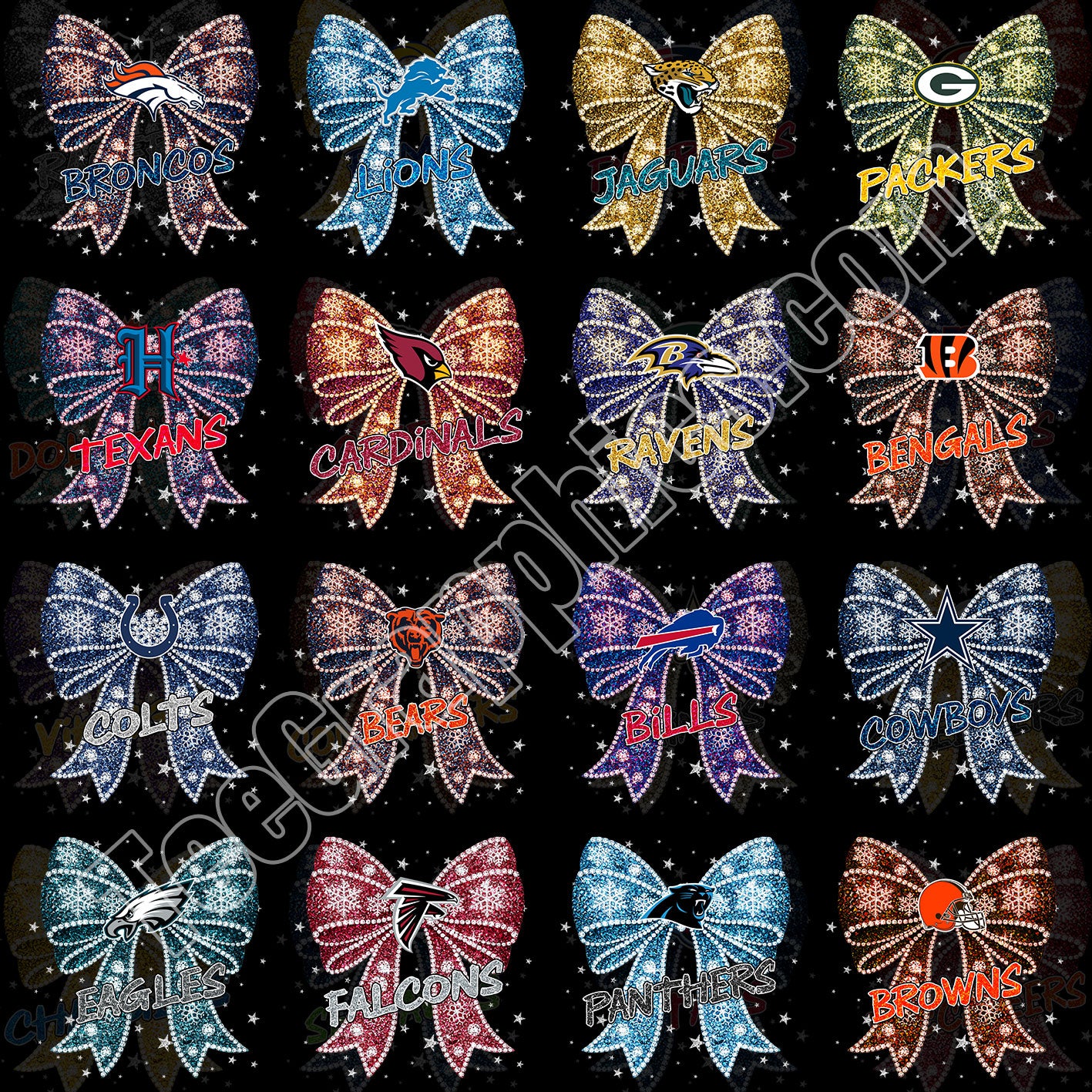 32 Glitter Rhinestone Bow NFL Designs PNG