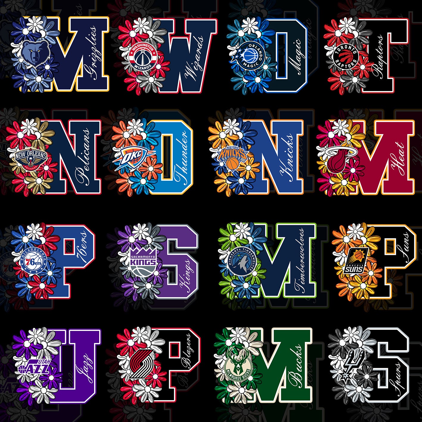 30 Floral NBA Team Initial Designs