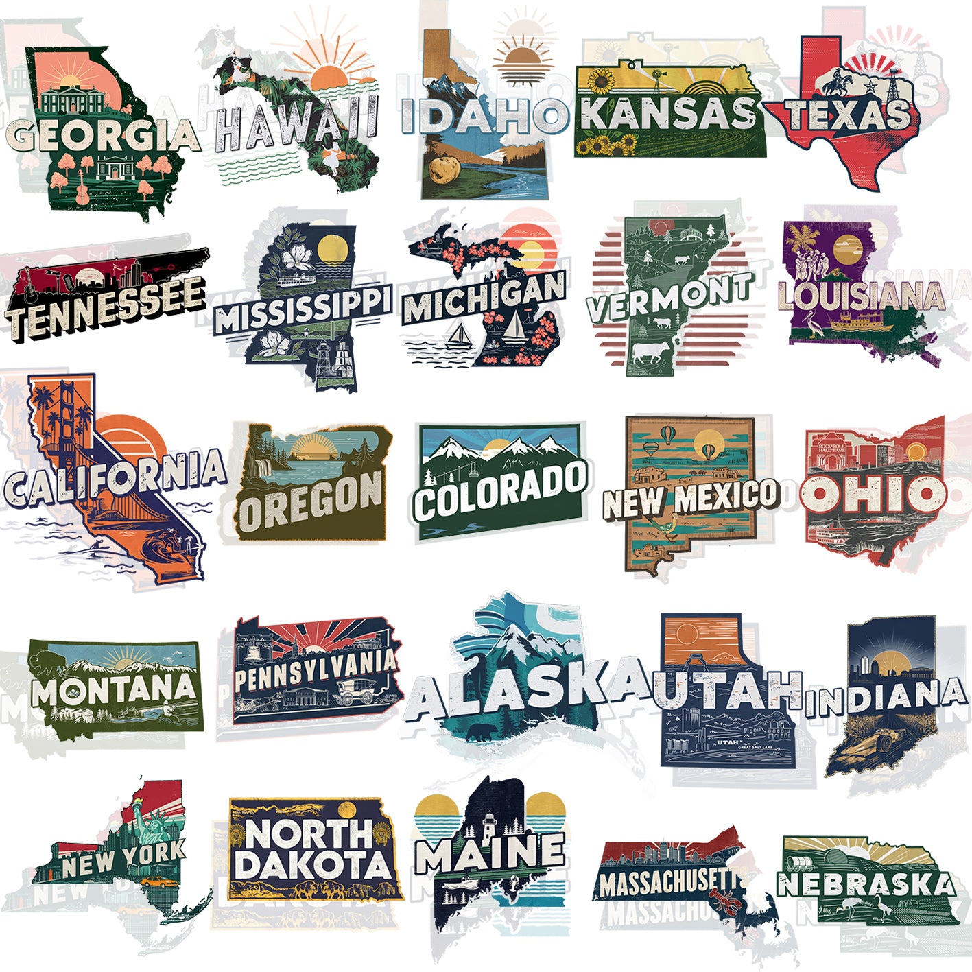 50 Retro USA State Map T Shirt Designs