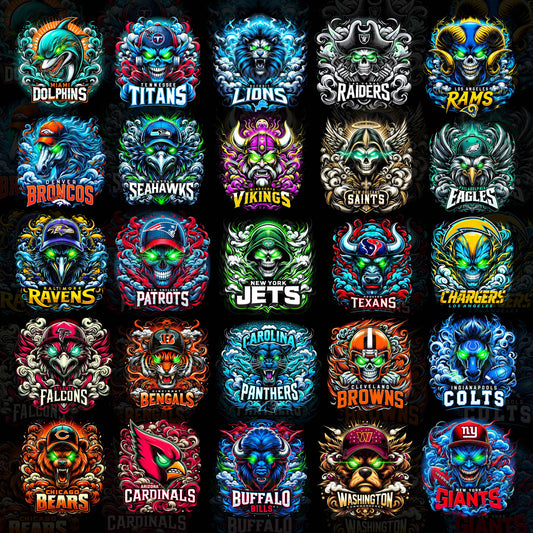 32 NFL Mascots T Shirt Designs, Black Knockout Designs