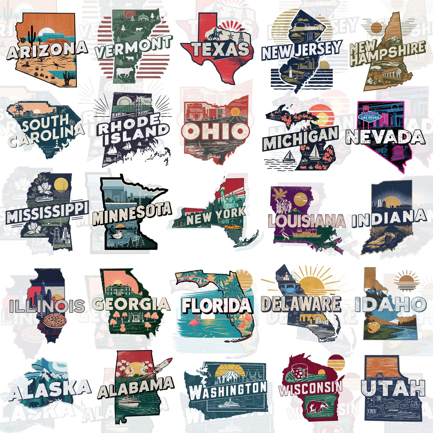 50 Retro USA State Map T Shirt Designs